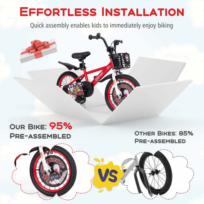 Costway 16\" Kid's Bike For 4-7 With Height-adjustable Handlebar & Saddle Handbrake Red