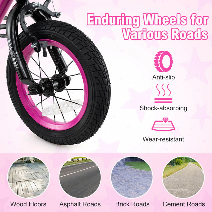 Costway 12\" Kid's Bike With Training Wheels Adjustable Handlebar & Seat Handbrake Pink