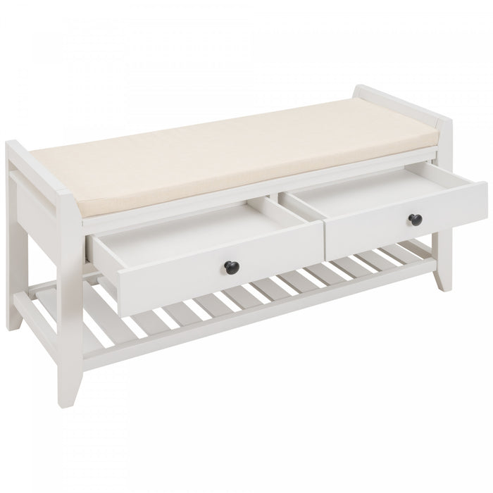 Stephanie Pine Wood Shoe Rack Bench With Cushioned Seat With Storage Drawers - White