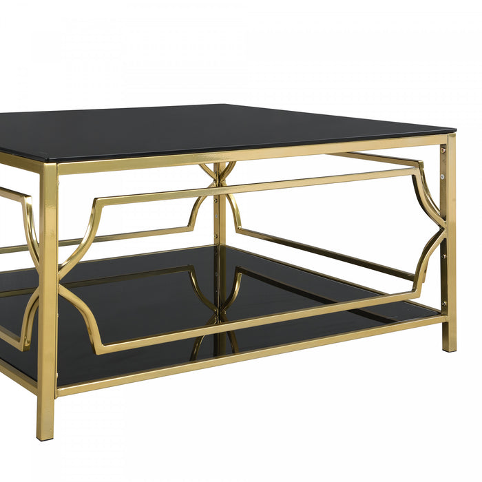 Gleam 33.5 Inch Square Tempered Glass Coffee Table with Geometric Gold Frame and Lower Shelf, Black