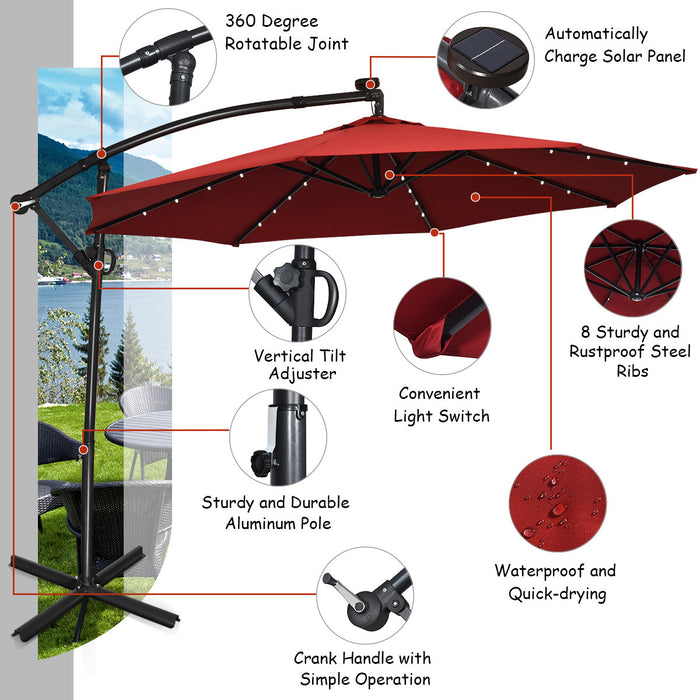 Costway 10FT Patio Offset Umbrella Solar LED 360degrees Rotation Burgundy