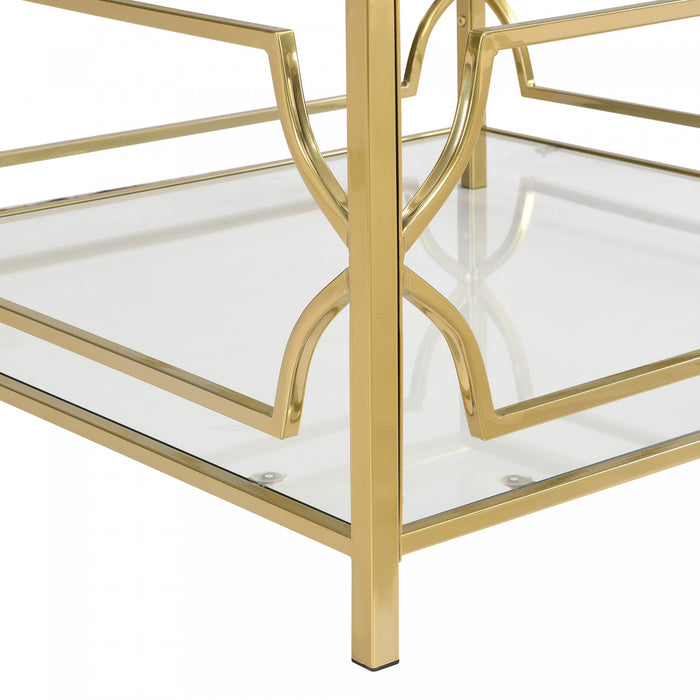 Gleam 33.5 Inch Square Tempered Glass Coffee Table with Geometric Gold Frame and Lower Shelf, Transparent