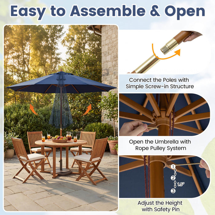 Costway 9 FT Patio Umbrella with Adjustable Height. Rope Pulley Lift. Vented Top for Beach Navy Blue
