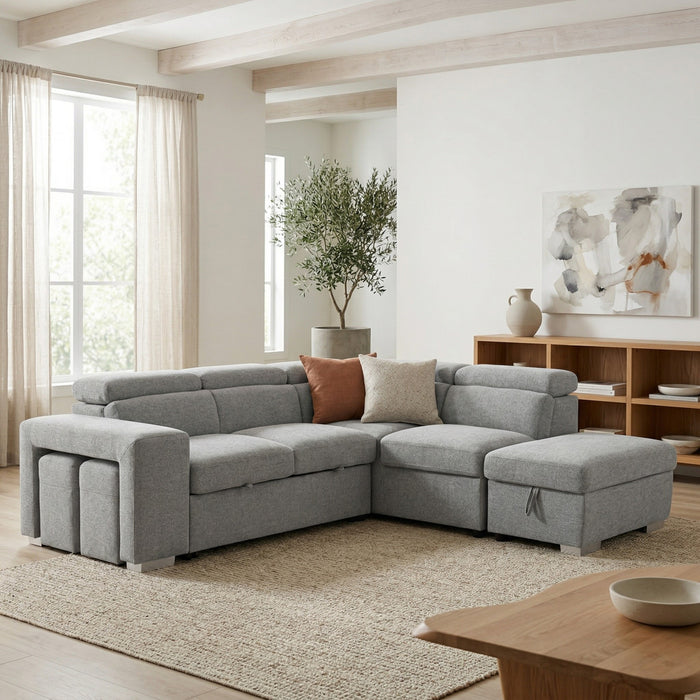 Pax 105 in. Fabric Sleeper Sectional with Storage Chaise, Nested Stools and Adjustable Headrests - Grey