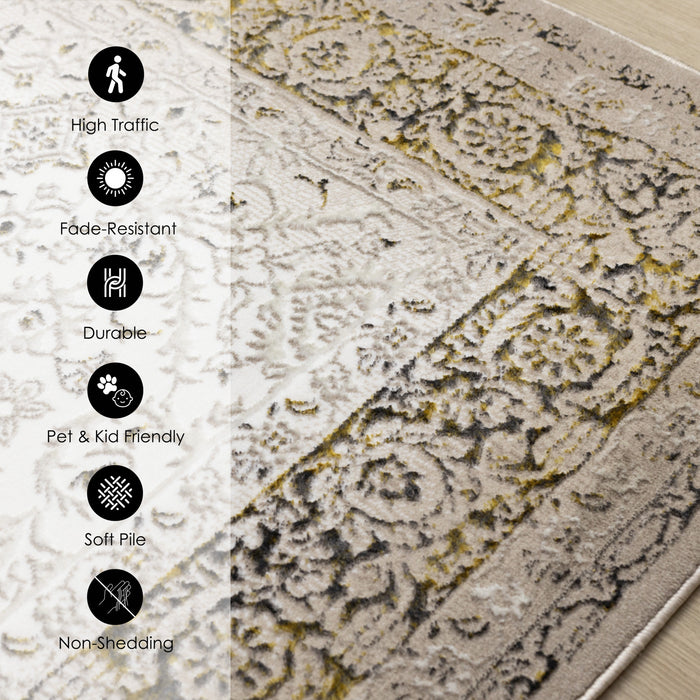Zaris Cream Yellow Black Elegant Classic Rug, 5'3\" x 7'7\" Indoor Area Rug