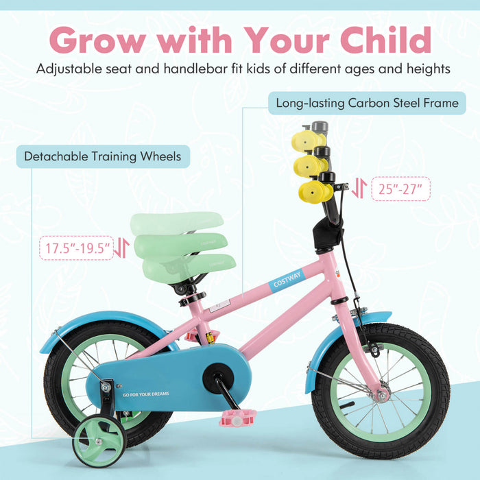 Costway 12\" Kids Bike With Adjustable Saddle Handlebar Removable Training Wheels Handbrake Pink