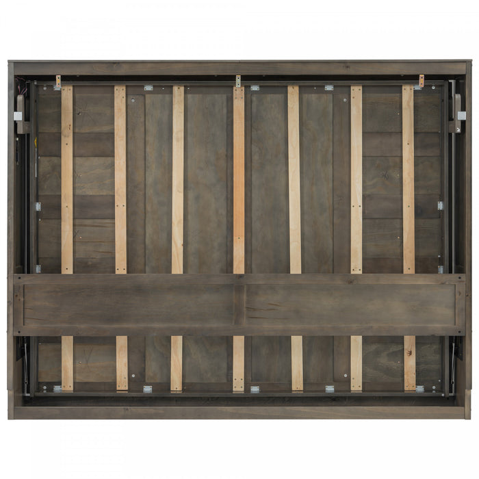 Olivia Solid Wood Murphy Bed with LED Light and Foldable Cabinet,Queen Size,Brown Queen Bed
