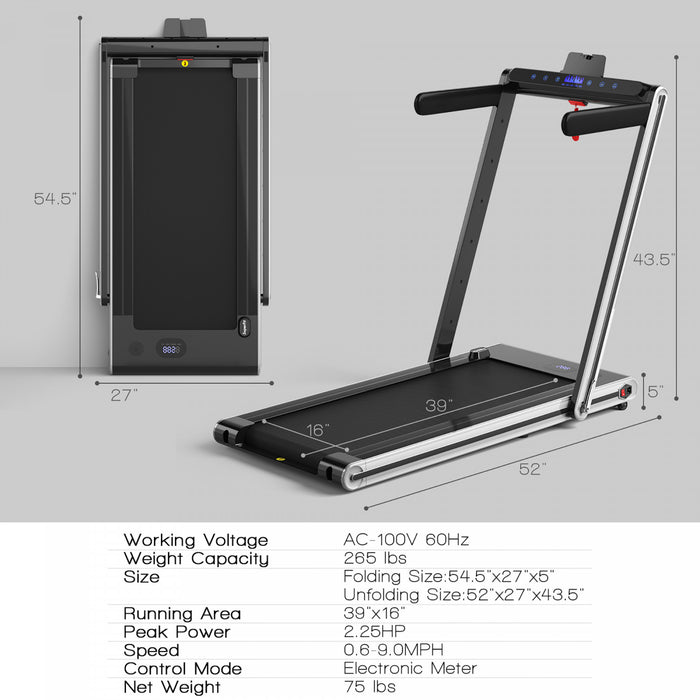 Costway 2-in-1 Folding Treadmill 2.25hp Jogging Machine W/ Dual Led Display Silver
