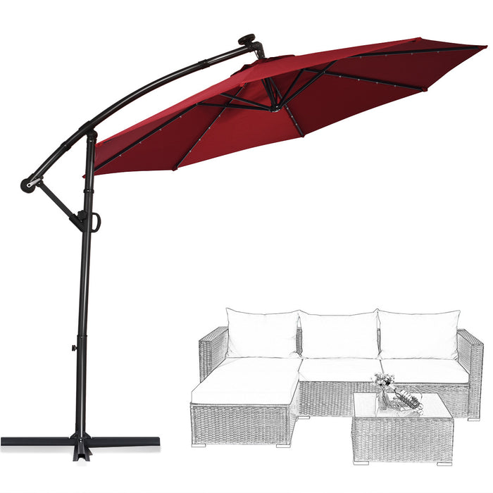 Costway 10FT Patio Offset Umbrella Solar LED 360degrees Rotation Burgundy