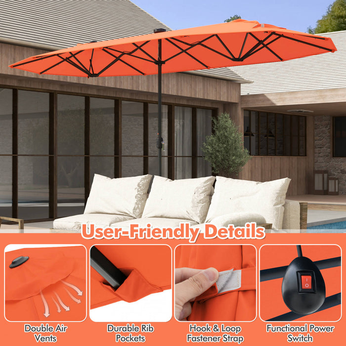 Costway 13 FT Double-sided Patio Umbrella with Solar Lights Crank Handle Umbrella Base Orange