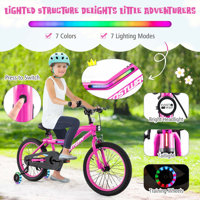 Costway 18\" Led Lighted Kids Bike With Adjustable Seat Coaster Brake Training Wheels Pink