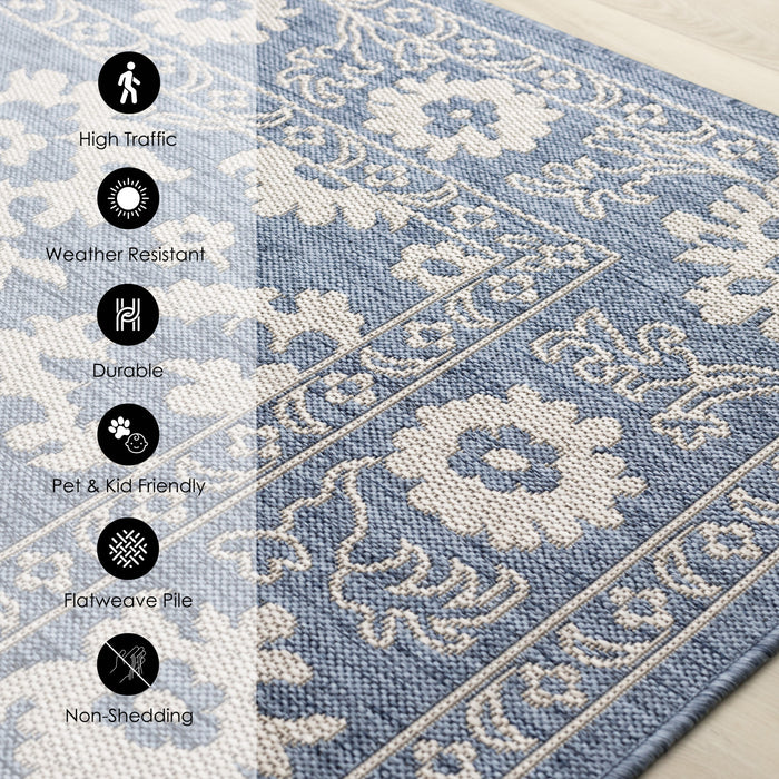 Cabana Blue White Elegant Border Outdoor Rug, 6'7\" x 9'6\" Outdoor Area Rug