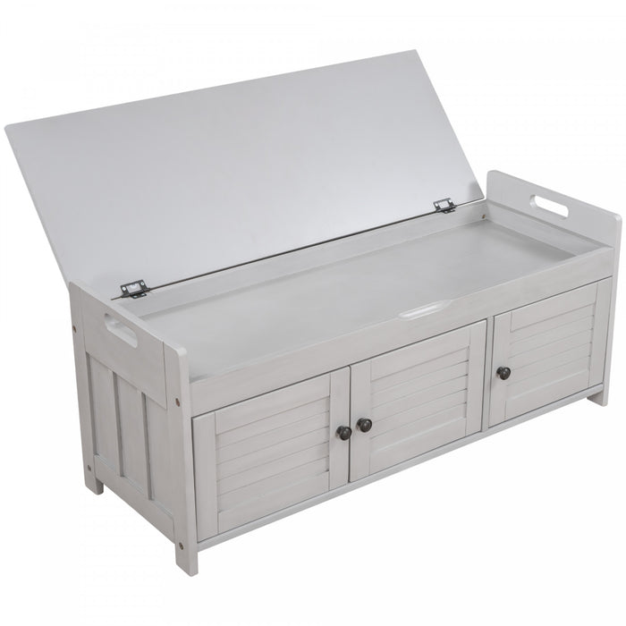 Olivia Pine Wood Storage Bench With 3-door Shoe Cabinet With Hidden Compartment - Grey
