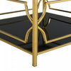 Gleam 33.5 Inch Square Tempered Glass Coffee Table with Geometric Gold Frame and Lower Shelf, Black | Gleam Table Basse Carree en Verre Trempe 33.5 po avec Cadre Geometrique Dore et Etagere Inferieure, Noir