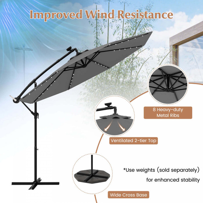 Costway 10 Ft Patio Solar LED 40 Lights Offset Umbrella Crank Cross Base Gray