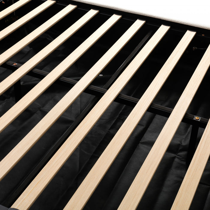 Camille Platform Bed with Curved Headboard and Luxurious Boucle Upholstery,Queen Size,White Queen Bed