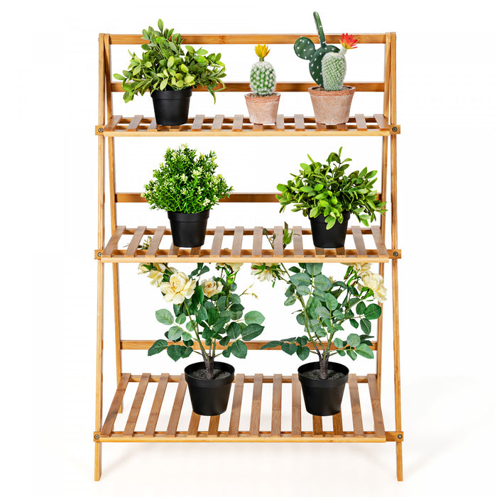 Costway 3 Tier Bamboo Flower Pot Shelf Stand Folding Display Rack Garden Yard