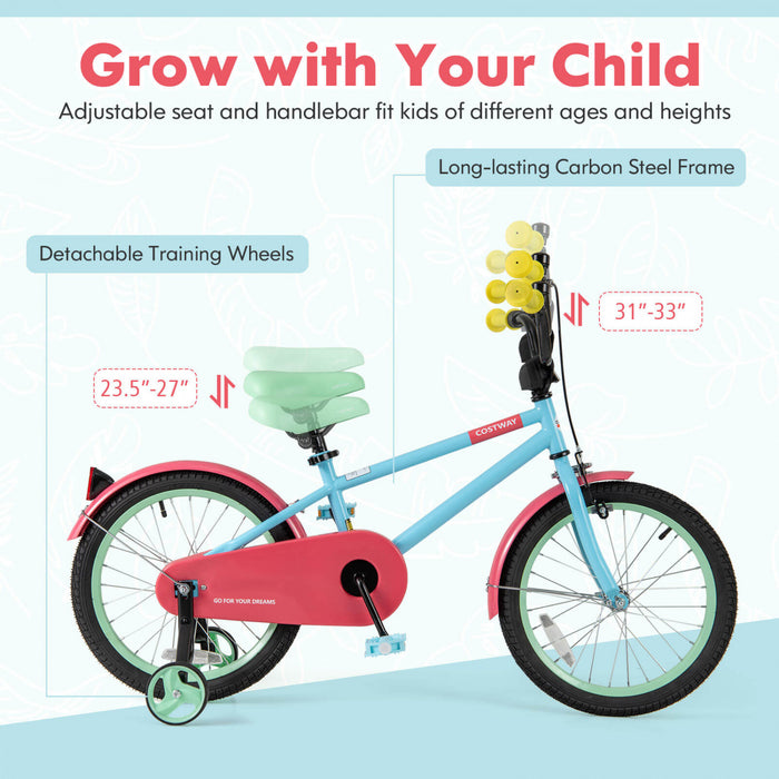 Costway 18\" Kids Bike With Adjustable Saddle Handlebar Removable Training Wheels Handbrake Red