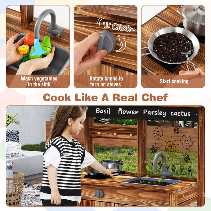 Costway Kids Mud Kitchen Set With Removable Sink Faucet Dual Stoves 4 Planting Pots