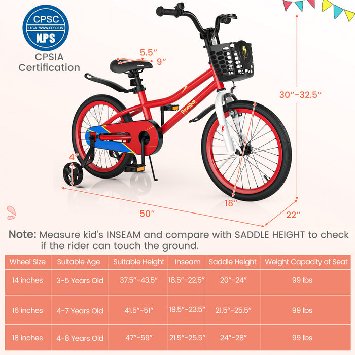 Costway 18\" Kid's Bike With Removable Training Wheels & Basket For 4-8 Years Old Red