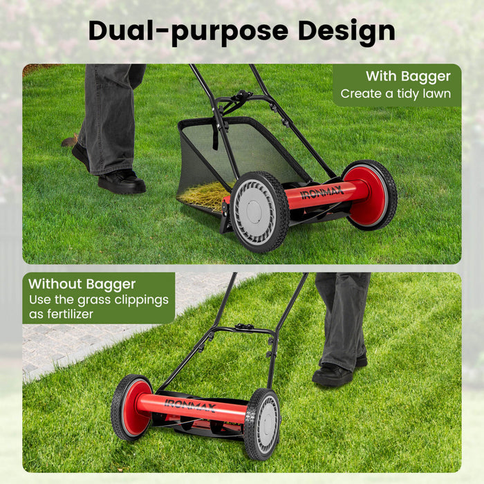 Ironmax 16\" Push Lawn Mower With 5-blade 6.9 Gallon Removable Grass Catcher For Garden Red