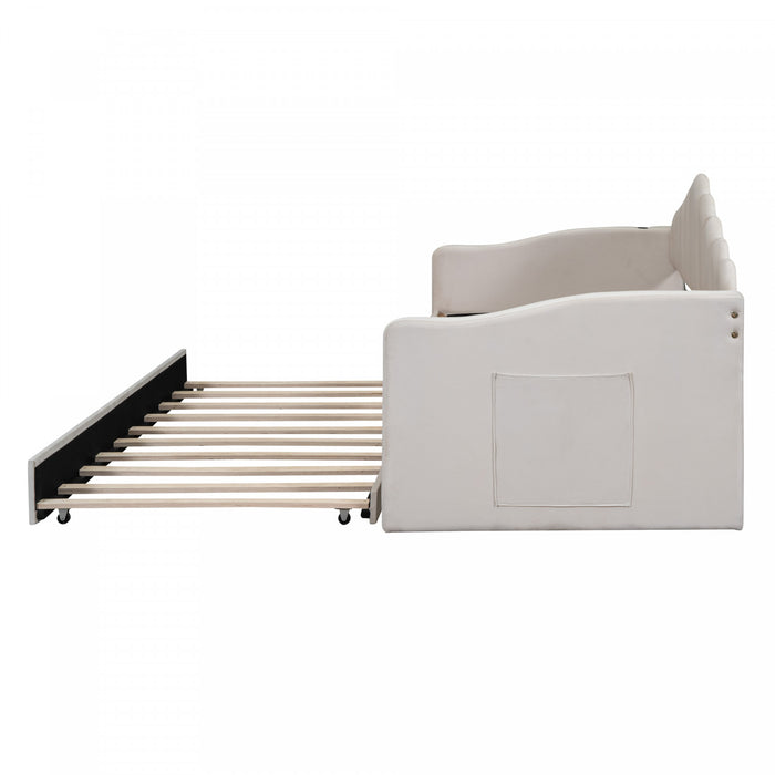 Lily Upholstered Daybed with Trundle and USB Charging Ports,Twin Size,Beige Twin Bed