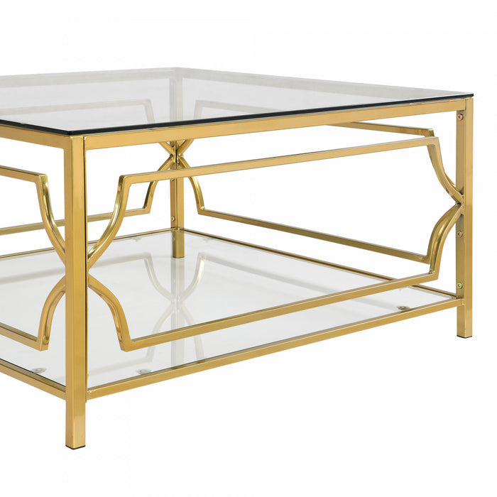 Gleam 33.5 Inch Square Tempered Glass Coffee Table with Geometric Gold Frame and Lower Shelf, Transparent