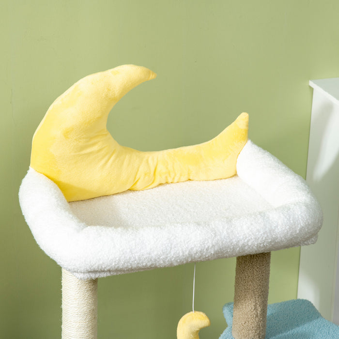 Pawhut 41\" Lovely Cat Tree For Indoor Cats With Teddy Fleece House And Bed, Kitten Tower With Scratching Post, Hanging Moon Shaped Toy, Star Platform, Blue