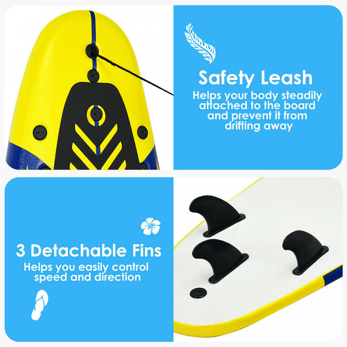 Costway 6' Surfboard Foamie Body Surfing Board W/3 Fins & Leash For Kids Adults Yellow