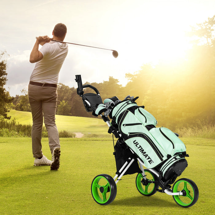 Goplus Folding 3 Wheels Golf Push Cart W/seat Scoreboard Adjustable Handle Green
