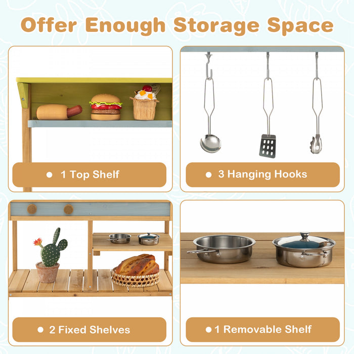 Costway Wooden Play Kitchen Set, Outdoor Kid's Mud Kitchen With Faucet & Water Box