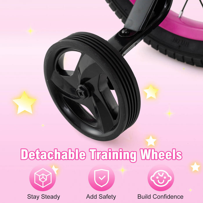 Costway 12\" Kid's Bike With Training Wheels Adjustable Handlebar & Seat Handbrake Pink