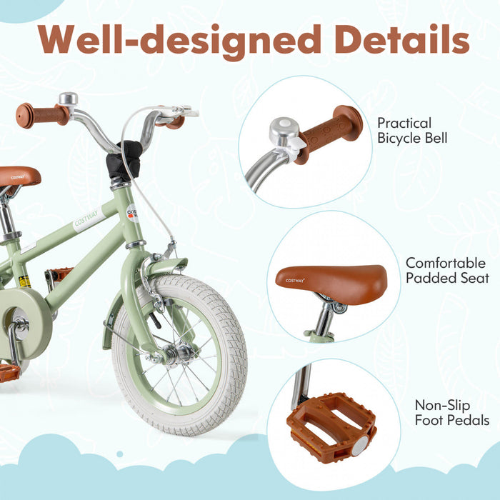Costway 12\" Kids Bike With Adjustable Saddle Handlebar Removable Training Wheels Handbrake Green