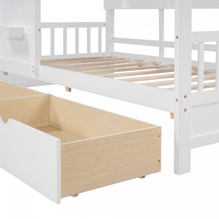 Jeames Wood House Bed with 2 Storage Drawers and Shelf,Twin Size - White