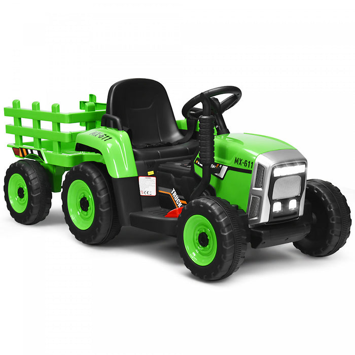 Costway 12v Kids Ride On Tractor With Trailer Ground Loader W/remote Control &led Lights