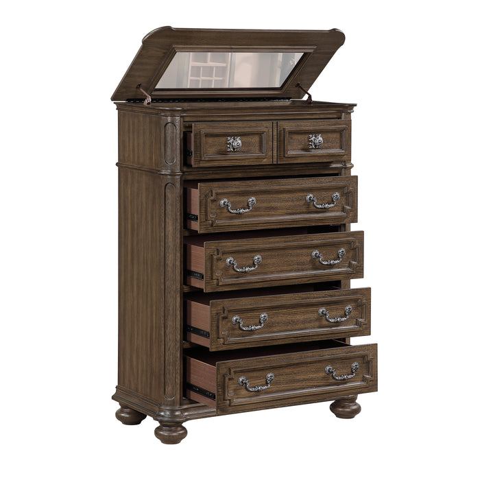 Ambrose Bedroom Chest of Drawers with Lift-Top Storage Tray, 6-Drawer, 38\"W x 52.5\"H – Brown