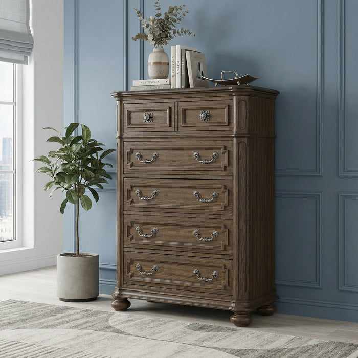 Ambrose Bedroom Chest of Drawers with Lift-Top Storage Tray, 6-Drawer, 38\"W x 52.5\"H – Brown