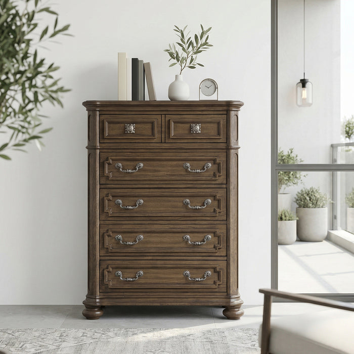 Ambrose Bedroom Chest of Drawers with Lift-Top Storage Tray, 6-Drawer, 38\"W x 52.5\"H – Brown