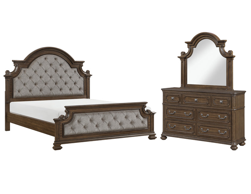 Ambrose 5pc Bedroom Set with Bed, Dresser & Mirror, Wooden, Fabric, Brown - King Size