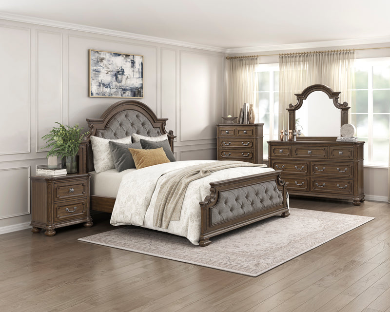Ambrose Panel Bed with Headboard & Frame, Wooden, Fabric, Brown - Queen Size