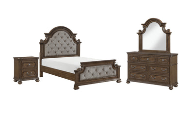 Ambrose 6pc Bedroom Set with Bed, Dresser, Mirror & Nightstand, Wooden, Fabric, Brown - Queen Size | Ensemble de chambre à coucher Ambrose 6 pièces en bois et en tissu avec lit, commode, miroir et table de nuit, brun - format grand lit