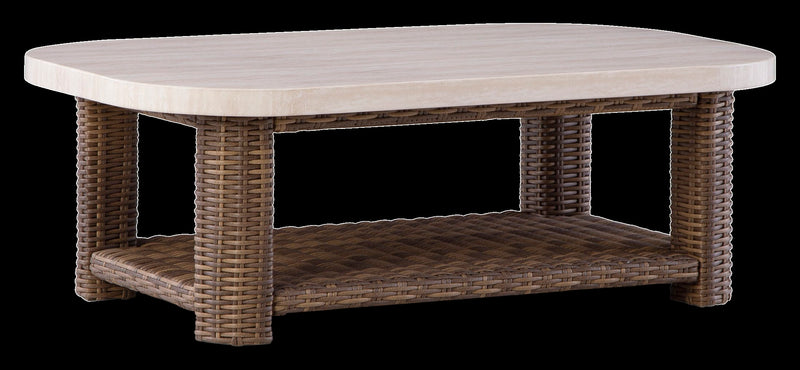 Banff Outdoor Patio Coffee Table - Resin Wicker & Aluminum, Weather Resistant - Brown/Beige