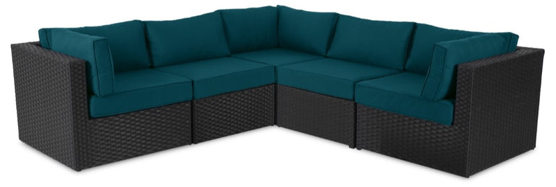 Barbados 5-Piece Outdoor Patio Set with 3 Corner Chairs & 2 Armless Chairs - Hand-Woven Resin Wicker, UV & Weather Resistant - Black/Blue
