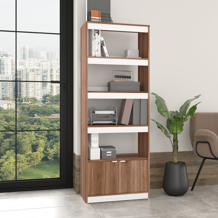 Manhattan Comfort Mid-Century Modern Ratzer Bookcase with 5 Shelves - Brown & White