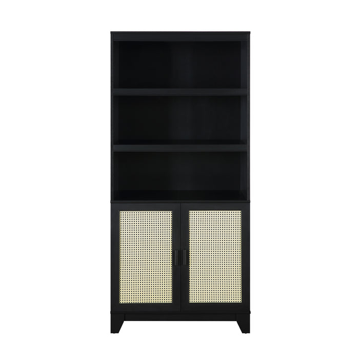 Manhattan Comfort Sheridan Modern Cane Bookcase with Adjustable Shelves - Black