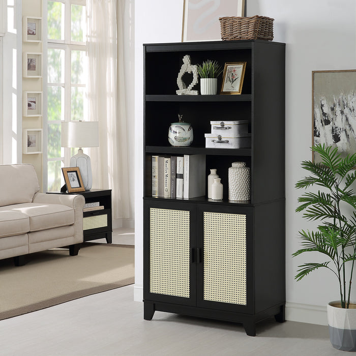 Manhattan Comfort Sheridan Modern Cane Bookcase with Adjustable Shelves - Black