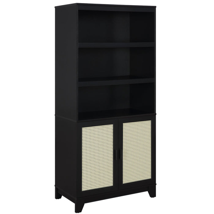 Manhattan Comfort Sheridan Modern Cane Bookcase with Adjustable Shelves - Black