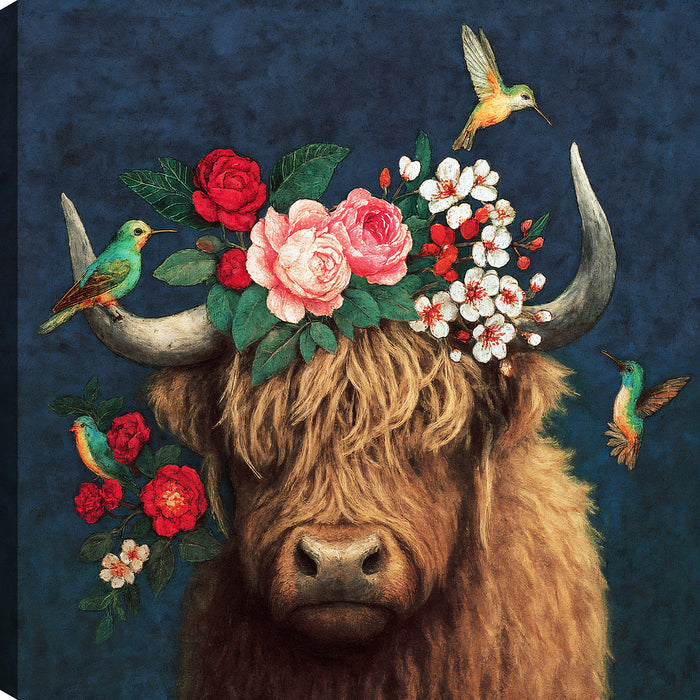 Floral Bull Canvas Wall Art – 24\" x 24\"