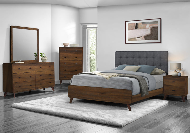 Cami 5pc Bedroom Set with Bed, Dresser & Mirror, Mid-Century Modern, Brown - Queen