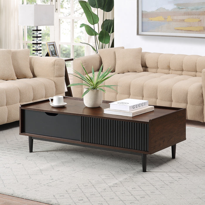 Manhattan Comfort Duane Modern Ribbed Coffee Table with Drawer & Shelf - Dark Brown & Black